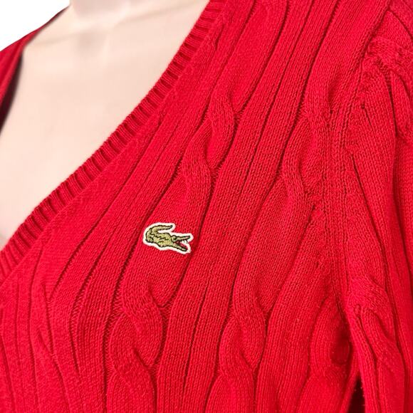 Vintage Y2K Lacoste Lipstick Red Cable Knit V Neck Sweater sz 38 / S Tenniscore - Picture 7 of 8